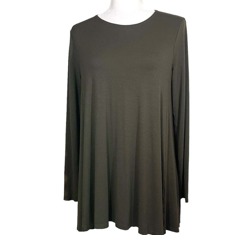 Eileen Fisher Long Sleeve Crew Neck Brown Stretch Knit Tunic Top